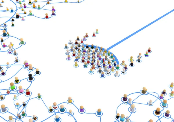 Folkmassa Små Symboliska Figurer Länkade Linjer Båge Push Komplexa Skiktade — Stockfoto