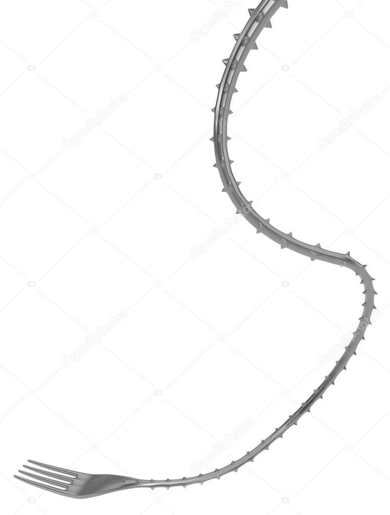 Fork metal long spiky reach bent, 3d illustration, vertical, isolated, over white