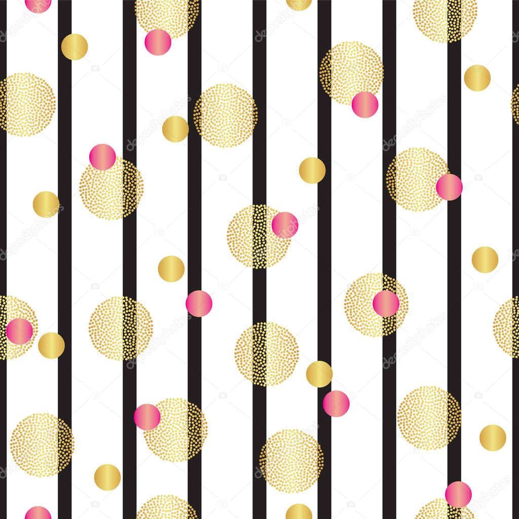 Black stripes seamless pattern with golden and pink circles