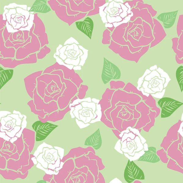 Seamless Pattern Rose Flowers Green — Stock Vector