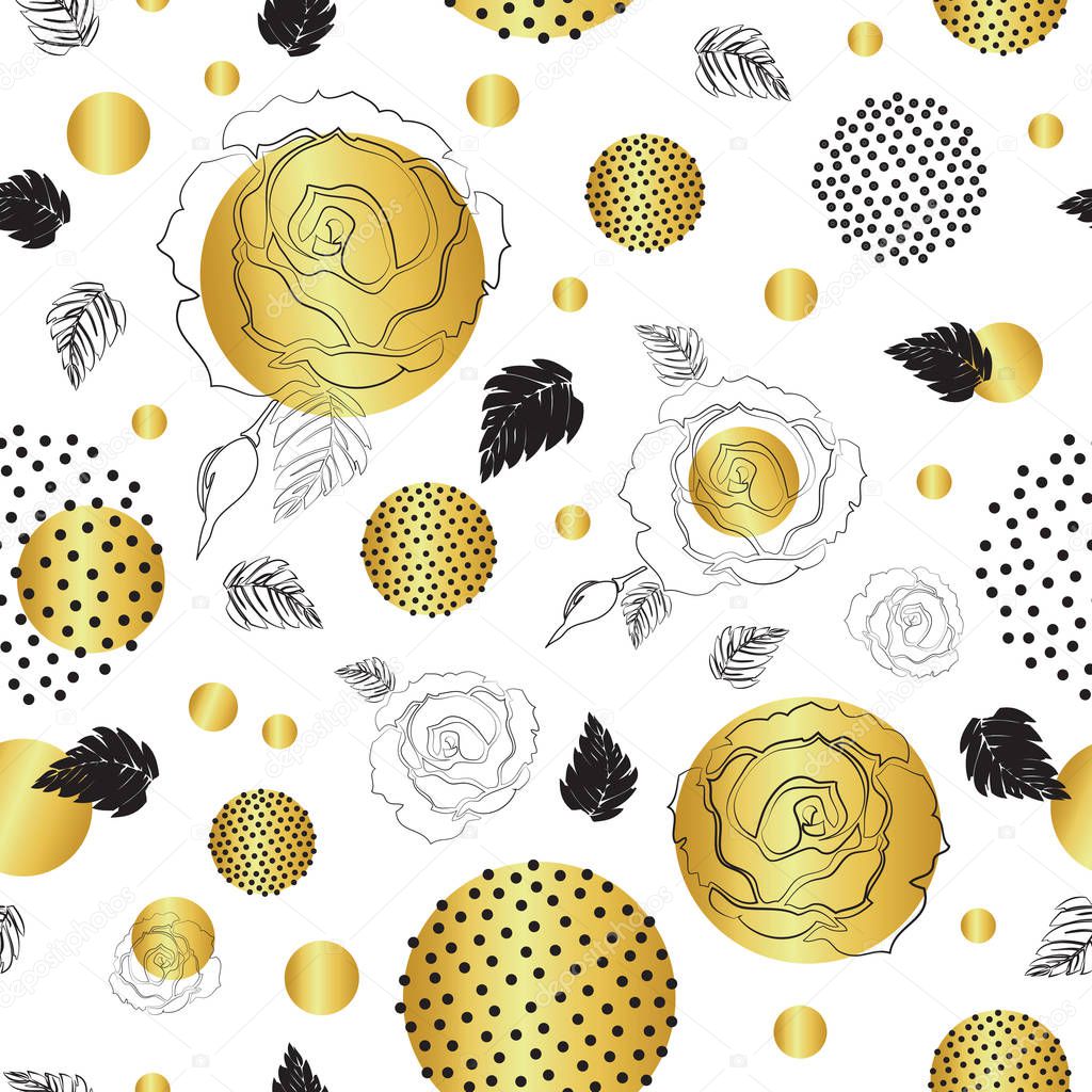 Vector seamless pattern, roses and gold circles on white background