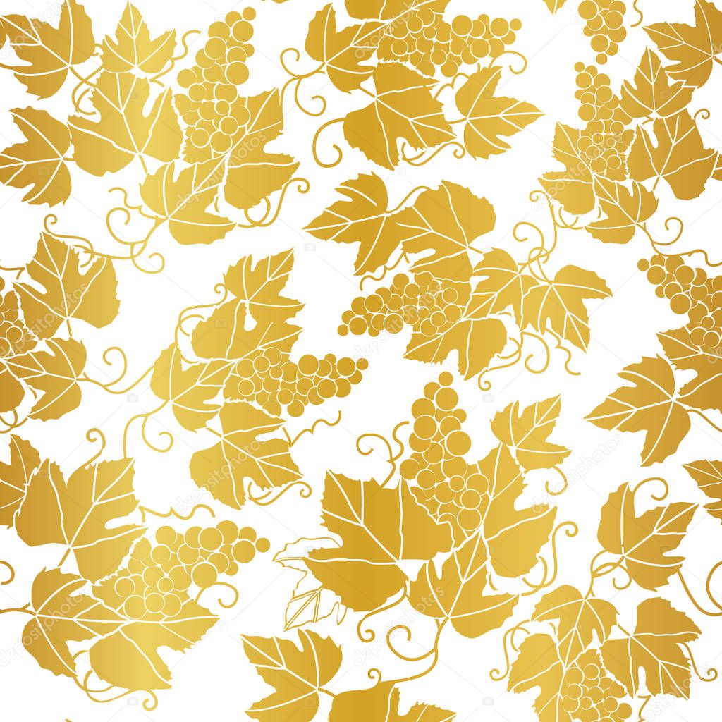 Seamless pattern golden grapes and leaves on white
