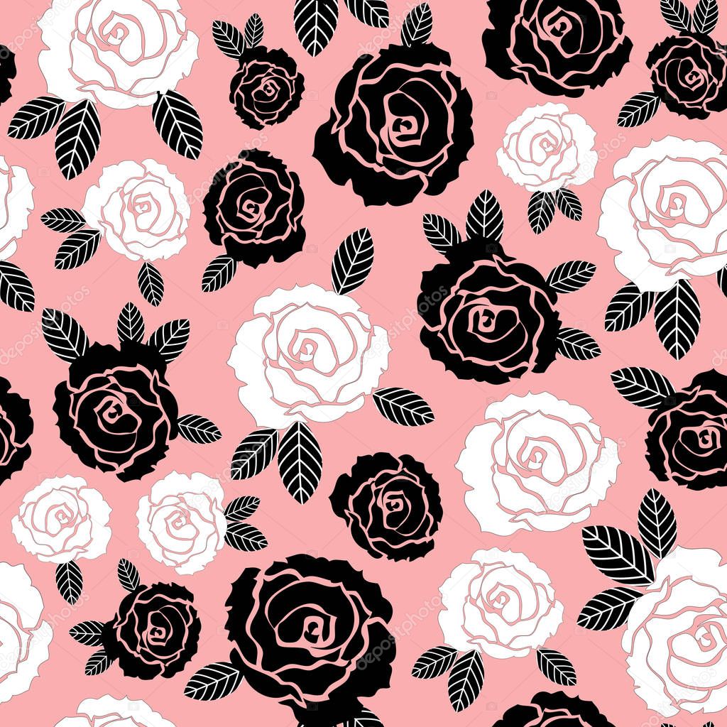 Vector Black and white rose flowers seamless pattern on pink background