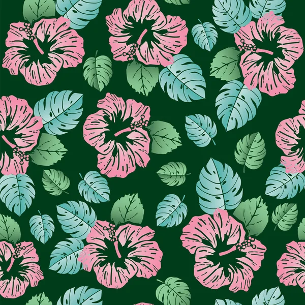 Illustration Sans Couture Des Feuilles Tropicales Des Fleurs Hibiscus — Image vectorielle
