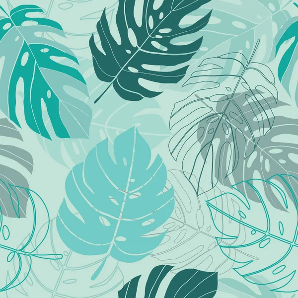 Nahtlose Muster Handgezeichnete Tropische Blätter Auf Türkisfarbenem Hintergrund — Stockvektor