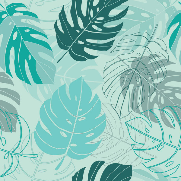 seamless pattern hand drawn tropical leaves on turquoise background