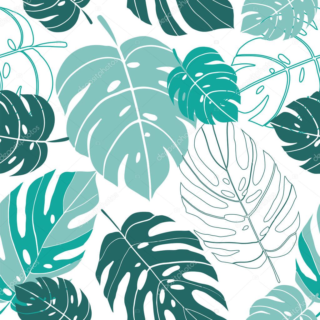 seamless pattern hand drawn tropical leaves on turquoise background