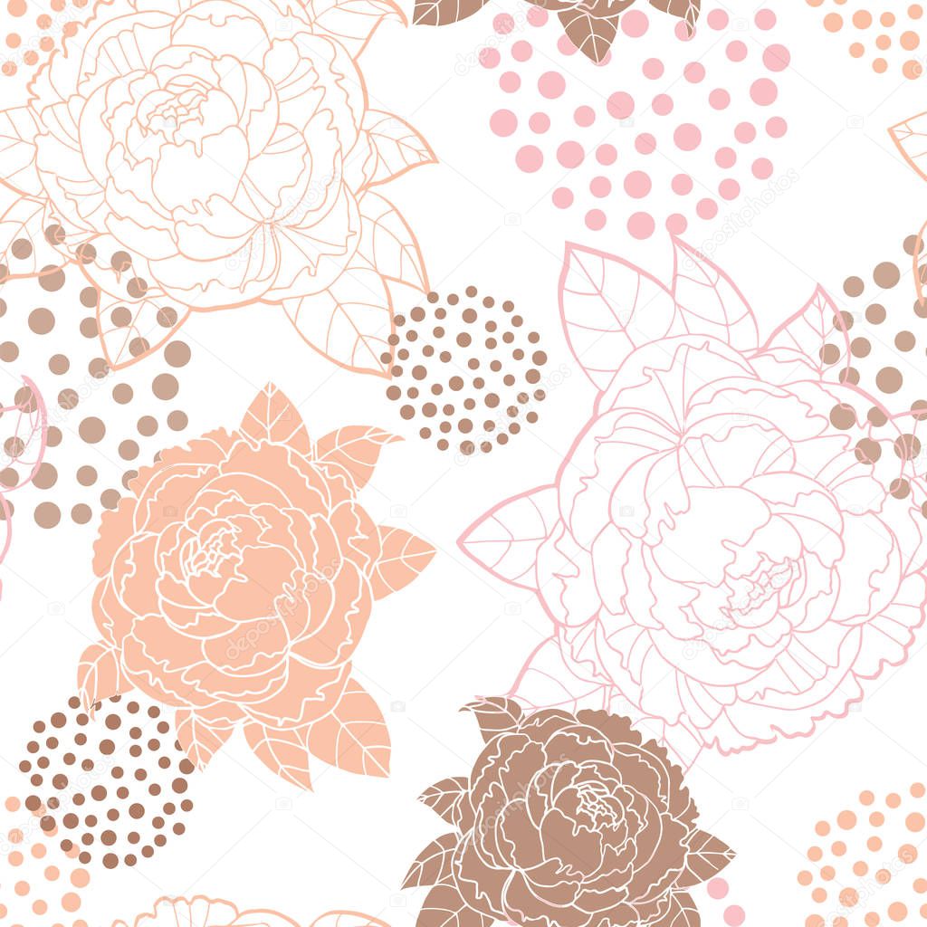 Seamless pattern of peonies and geometric shapes on white