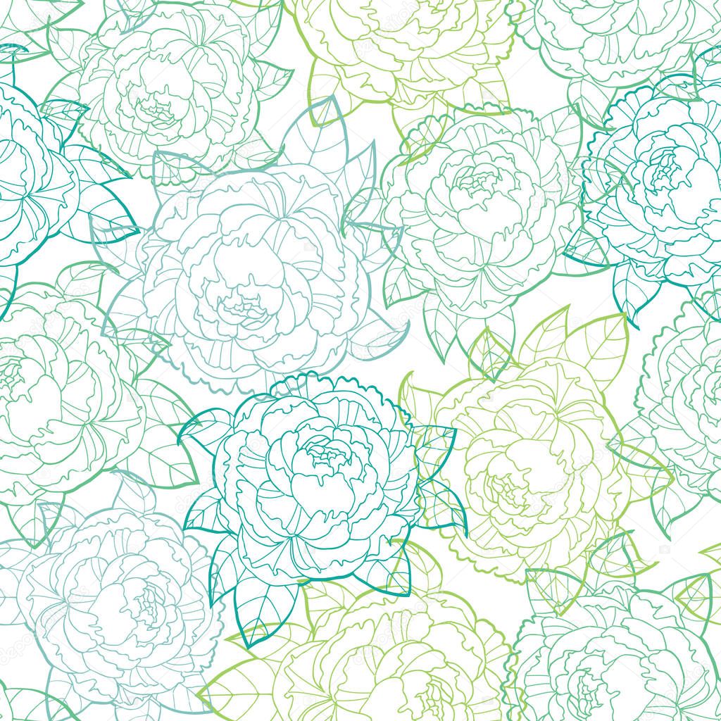 Seamless pattern hand drawn peony flowers line art on white