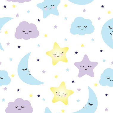 Dikişsiz desen uyku yıldız, aylar ve bulutlar illüstrasyon vektör