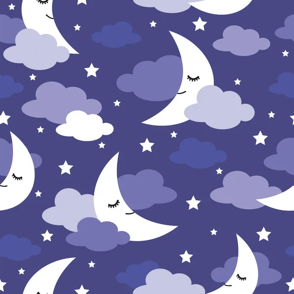 Seamless pattern sleeping moons, clouds and stars vector illustration