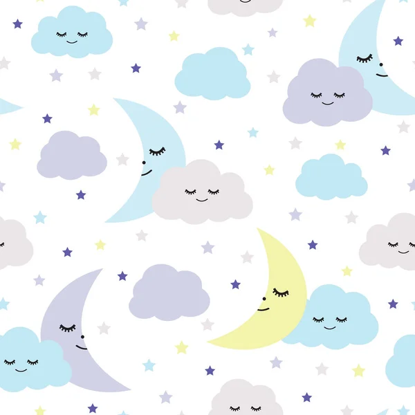 Lunas dormidas sin costuras, nubes y estrellas patrón de ilustración vectorial para niños — Archivo Imágenes Vectoriales