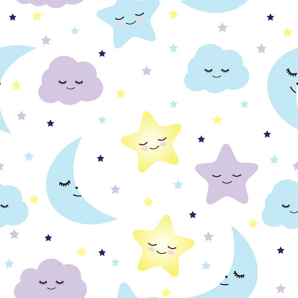 Seamless pattern sleeping stars, moons and clouds vector illustration — Stock Vector