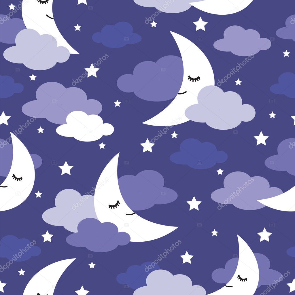 Seamless pattern sleeping moons, clouds and stars vector illustration