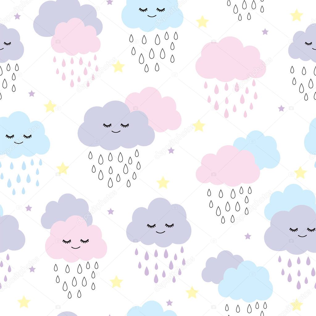 Seamless pattern with smiling, sleeping raining clouds vector illustration