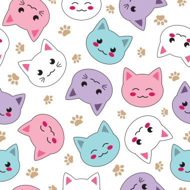 Sorunsuz kawaii desen şirin kedi yüzler vektör çizim
