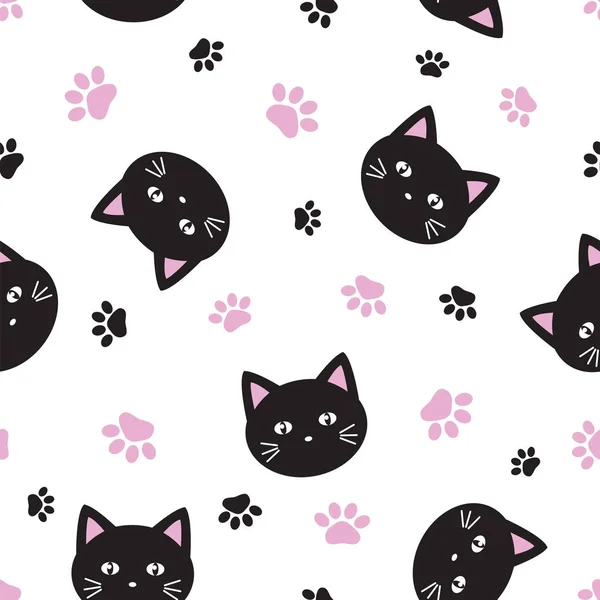 Απρόσκοπτη διάνυσμα μοτίβο χαριτωμένο μαύρη γάτα πρόσωπα και ίχνη — Διανυσματικό Αρχείο