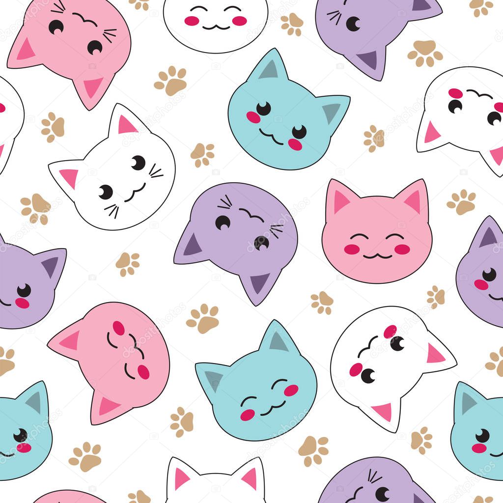 seamless kawaii pattern cute cat faces vector illustration