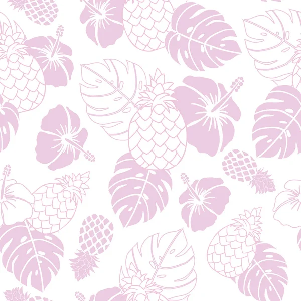 Sorunsuz vektör tropikal desen ananas hibiscus çiçek ve monstera yaprak