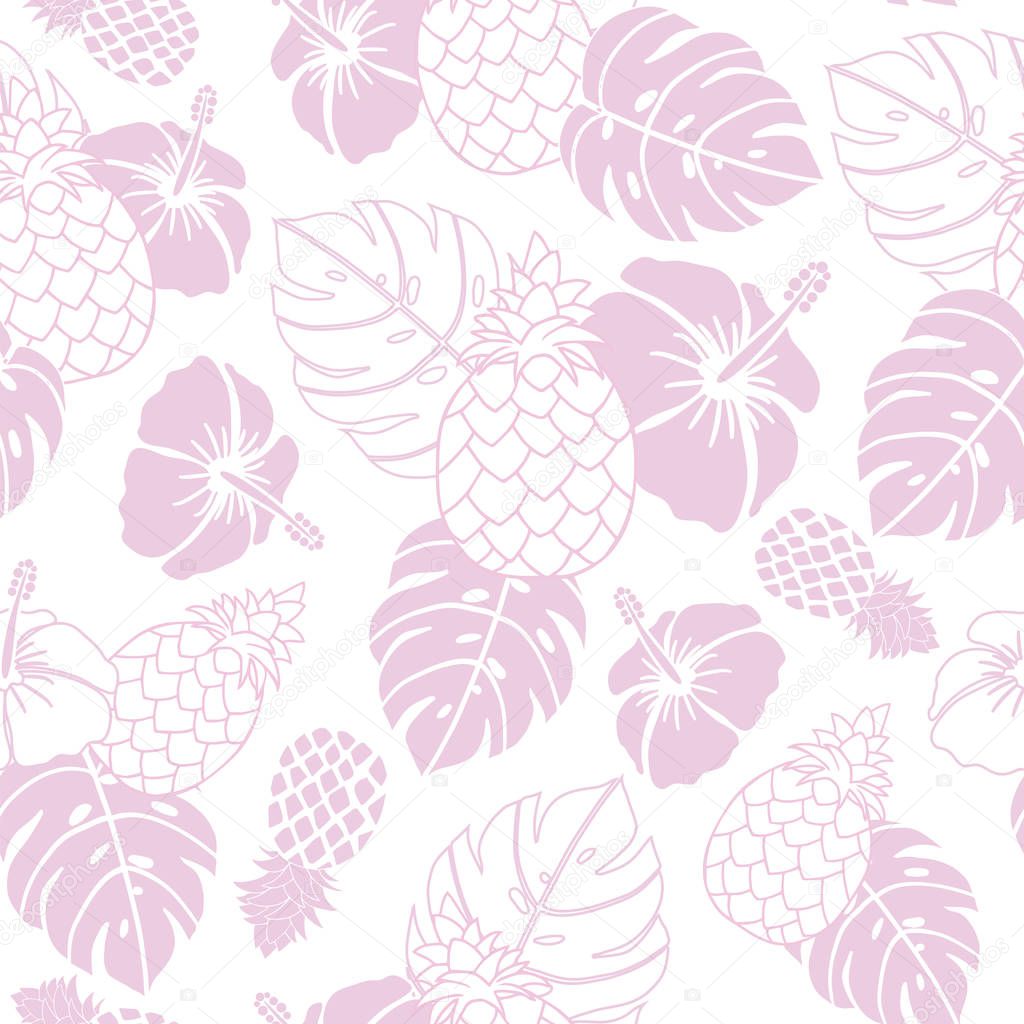 Seamless vector tropical pattern pineapple hibiscus flower and monstera leaf