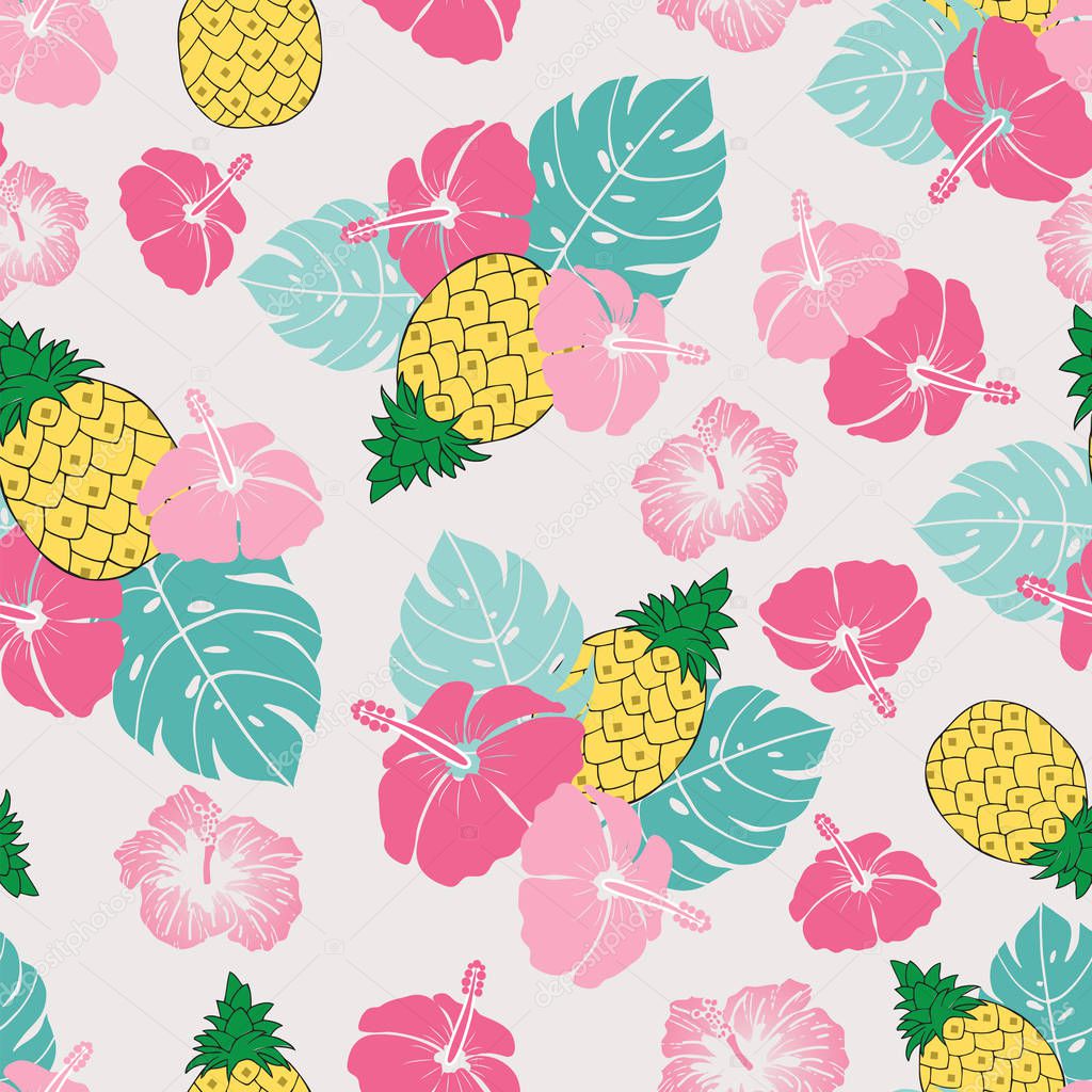 Seamless pattern pineapples hibiscus and tropical leaves illustration