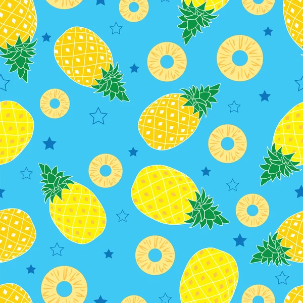 Piña frutas y estrellas diseño de patrón sin costuras — Vector de stock