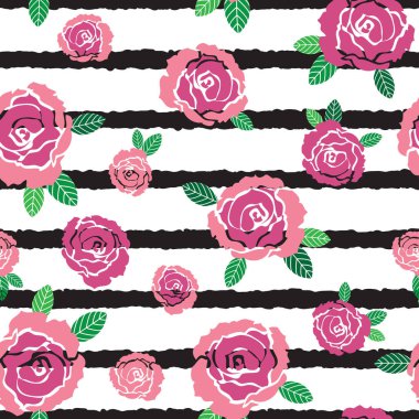 Pembe gül ler ve siyah çizgili arka plan dikişsiz desen yaprakları