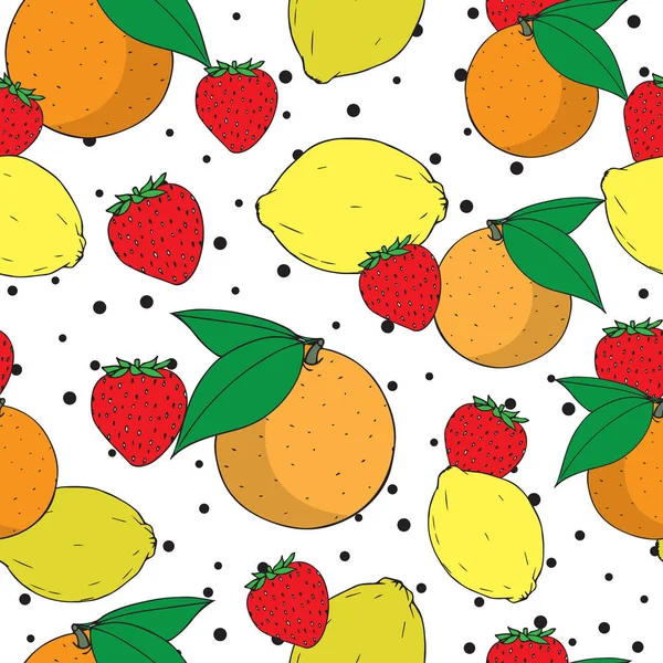 Mélange de fruits vectoriels de motif sans couture orange, citron et fraise — Image vectorielle