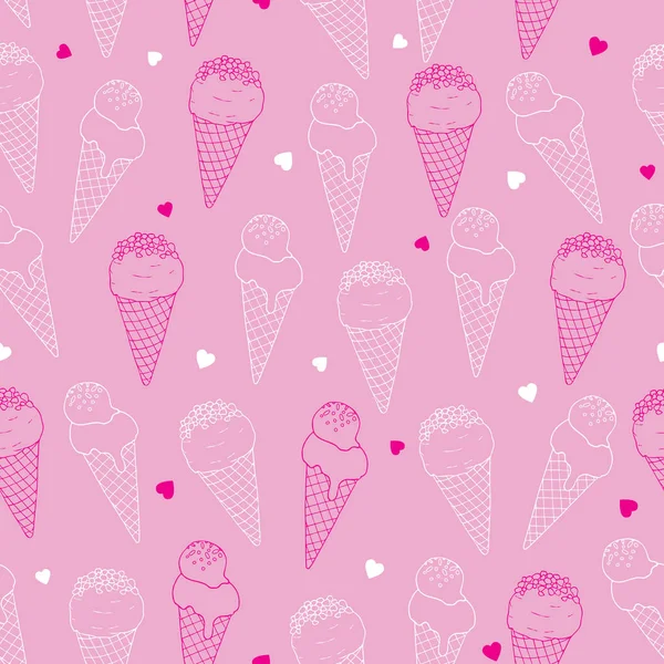 Seamless pattern of ice cream line art on pink background — Stock Vector