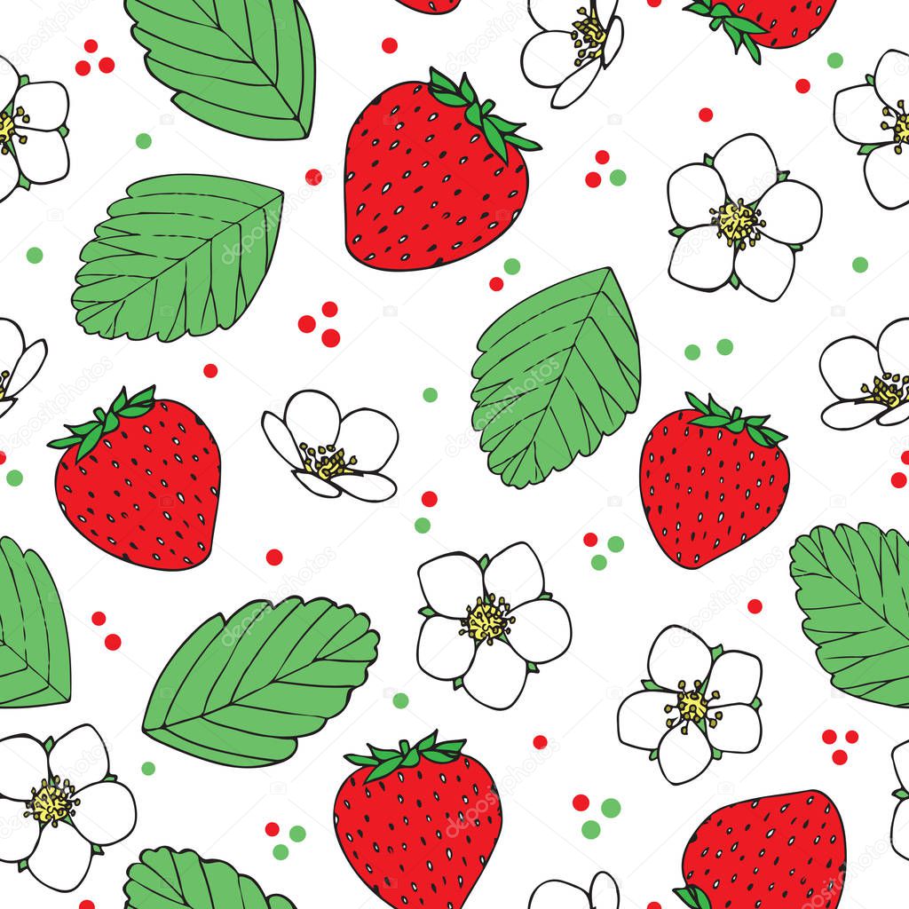 Strawberry with flowers and leaves, seamless vector pattern