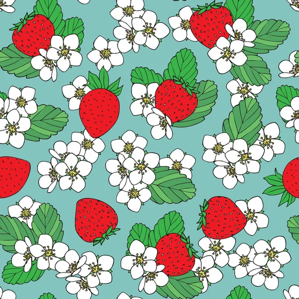 Flores de fresa y hojas diseño de patrón sin costuras — Vector de stock