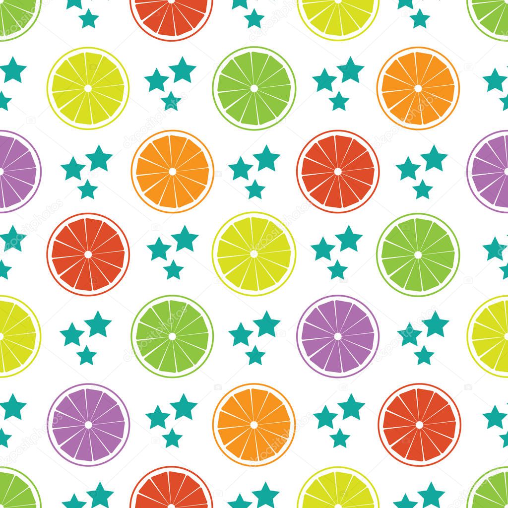 Seamless pattern with colorful citrus fruits slices and stars