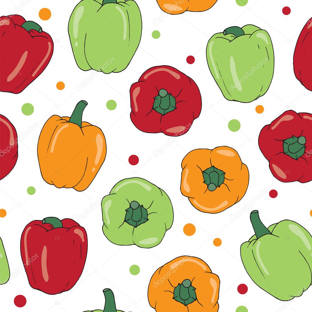 Bell peppers seamless pattern design. vegetarian food products on white background