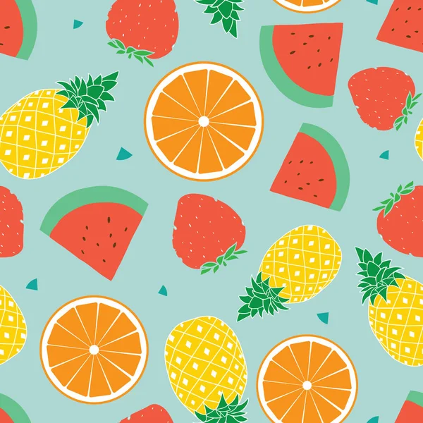 Modèle Vectoriel Sans Couture Avec Mélange Fruits Sur Fond Bleu — Image vectorielle