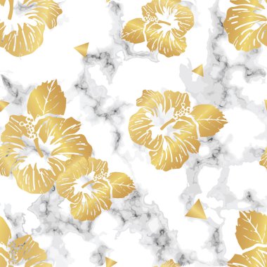 Altın hibiscus çiçekleri ile gri mermer doku dikişsiz vektör desen tasarımı