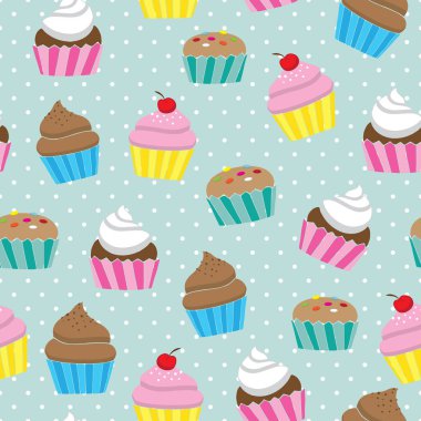 Sevimli cupcakes sorunsuz arka plan vektör illüstrasyon desen