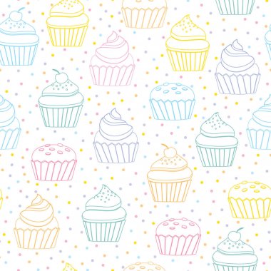 Renkli cupcakes ve sprinkles ile elle çizilmiş çizgi-sanat dikişsiz desen