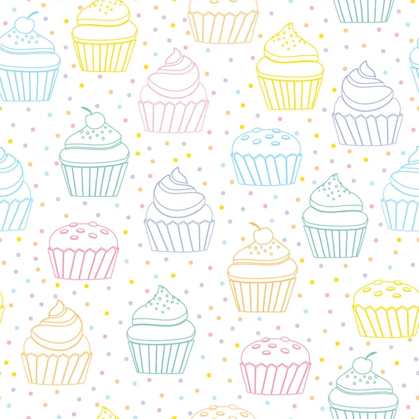 Hand-drawn line-art seamless pattern with colorful cupcakes and sprinkles