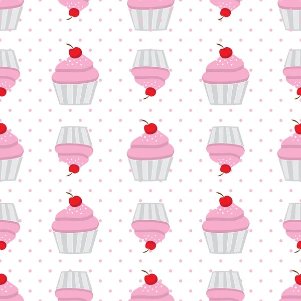 ピンクのカップケーキと水玉模様のサクランボのシームレスなパターン — ストック写真