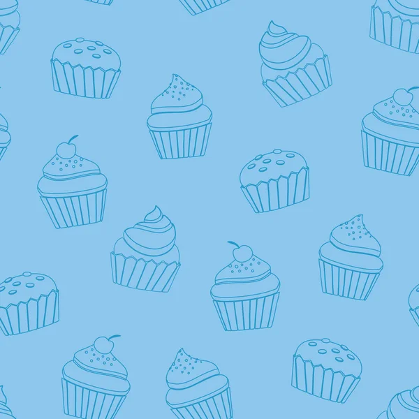 Vector sem costura padrão azul cupcake linha-arte projeto de fundo — Fotografia de Stock