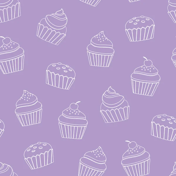 ベクトルシームレスパターン紫カップケーキラインアート背景デザイン — ストックベクタ