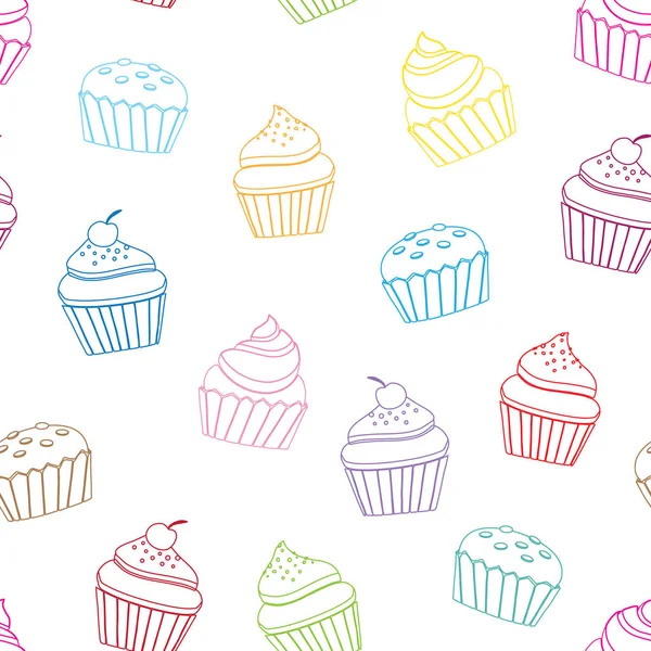 Sevimli renkli cupcakes line-art vektör sorunsuz arka plan deseni