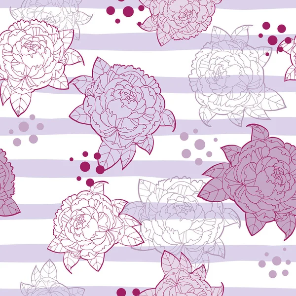 Peony Flower Seamless Pattern Purple Striped Background — Stock Vector