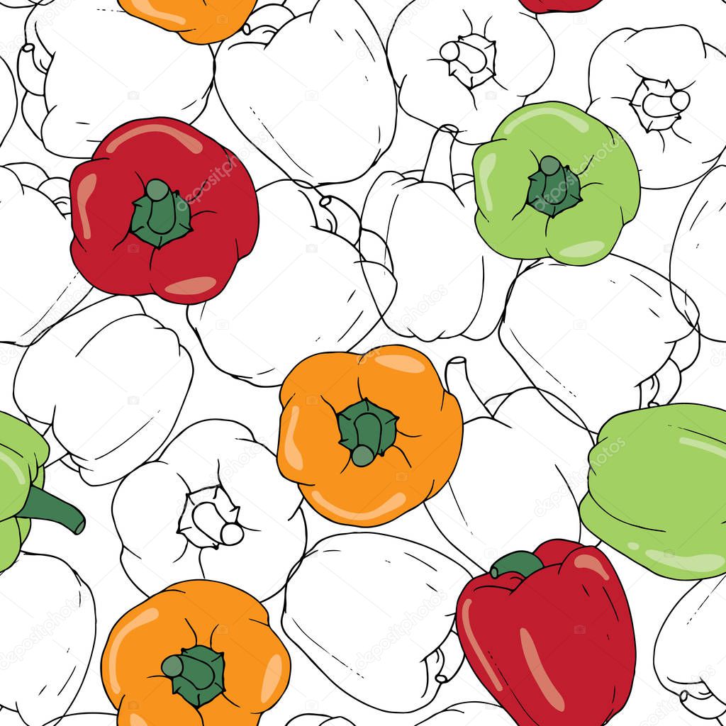 hand-drawn bell peppers, vector seamless pattern background line art illustration