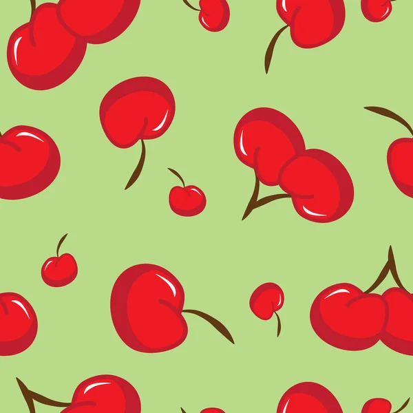Бесшовный рисунок с вишневыми фруктами на зеленом фоне — стоковый вектор