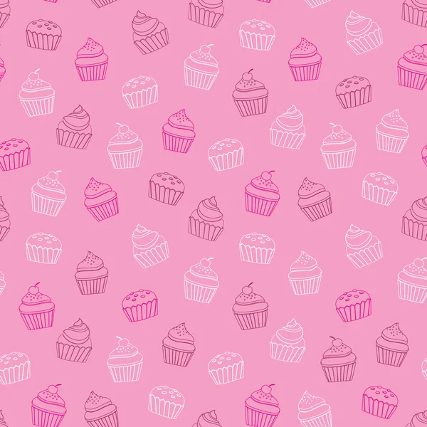カップケーキアウトラインピンクとホワイトシームレスパターン — ストックベクタ