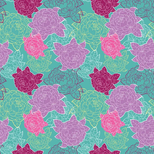 Peony flowers seamless colorful pattern on green background — Stock Vector