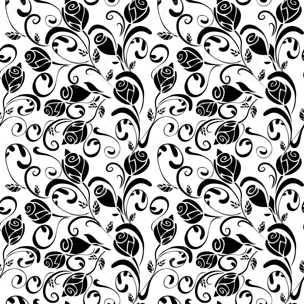 Abstract roses monochrome seamless pattern