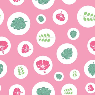 Pembe arka plan üzerinde kabarcıklar ebegümeci ve tropikal yaprakların dikişsiz desen