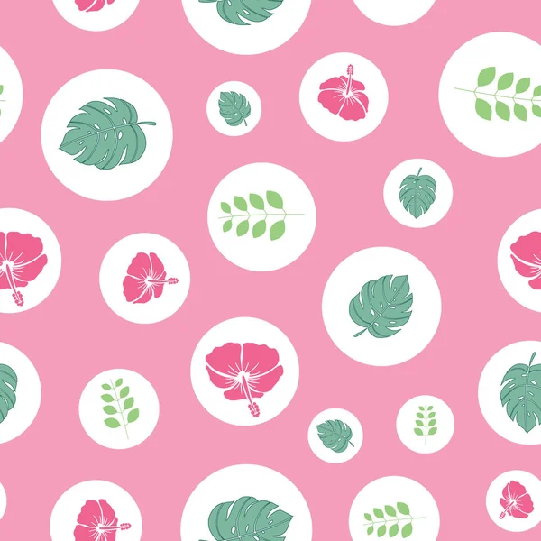 Patrón inconsútil de hibisco y hojas tropicales en burbujas sobre fondo rosa — Vector de stock